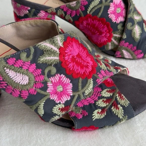 Sole Society Women's Embroidered Floral Open Toe Heels Shoes 7.5 Chunky Heel - Picture 8 of 16